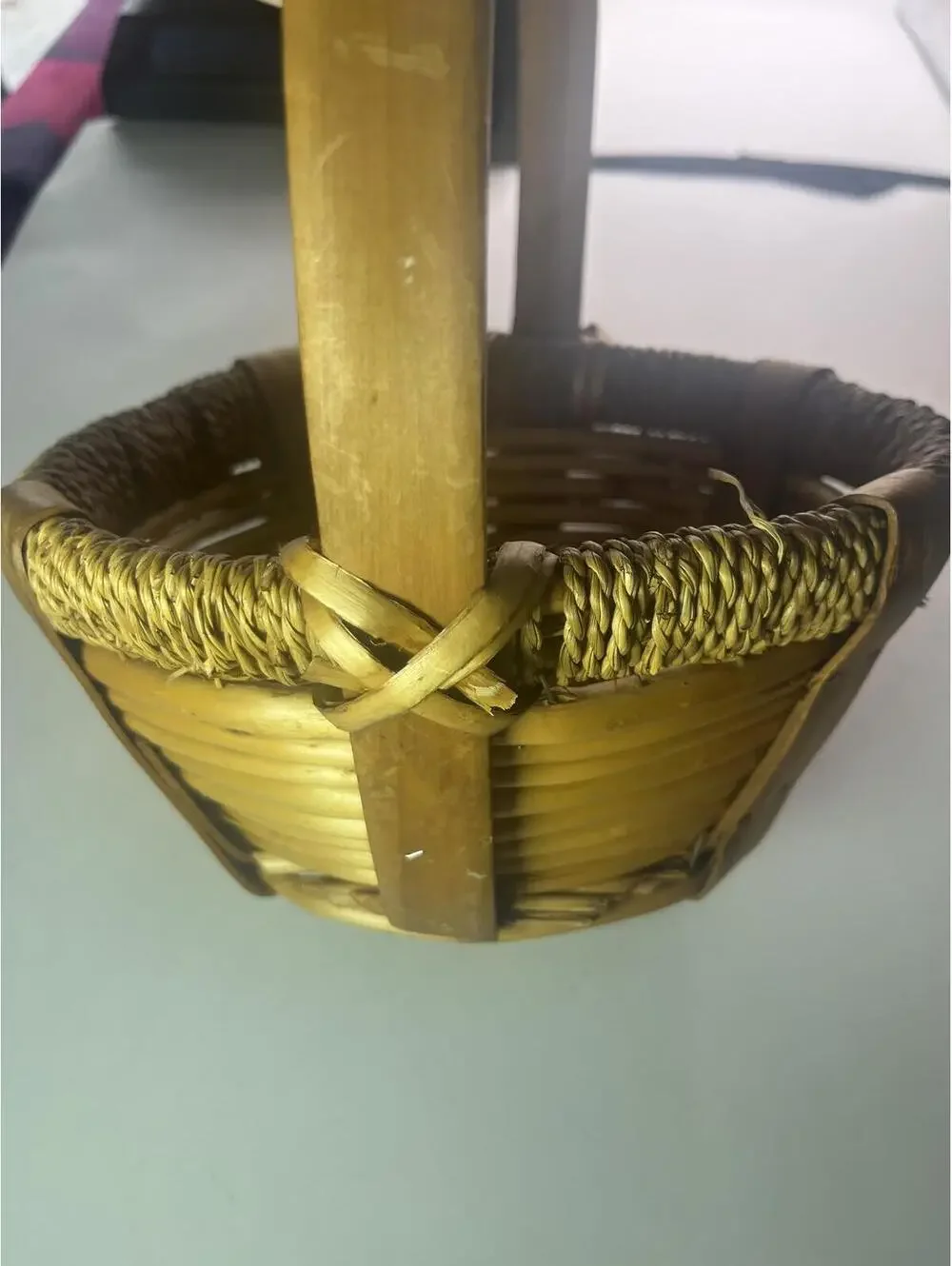 Vintage Wooden Woven Rattan Basket with Arc Handle